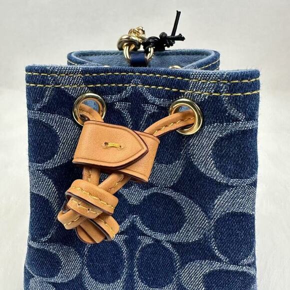 Coach Drawstring Wristlet In Signature Denim Gold/Denim Blue Natu… - Picture 8 of 12